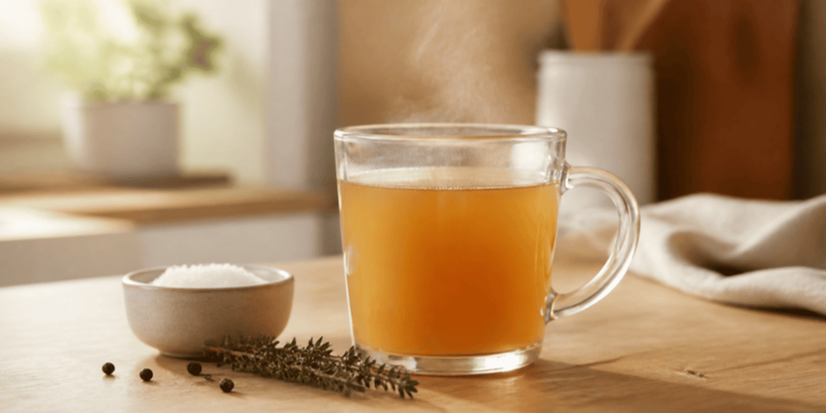 Warm cup of bone broth on a kitchen counter
